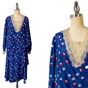 RARE authentic 1920s silk & lace flapper dress in blue with polka dot pattern